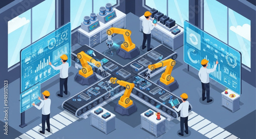 Modern automated factory with robotic arms and digital interfaces.