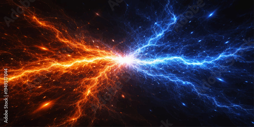 A dramatic cosmic collision of vibrant orange fire and electric blue lightning in deep dark space