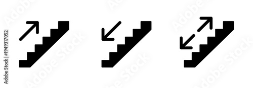 Stairs icon set, climb up and down stairs with directional arrows, staircase sign, escalator