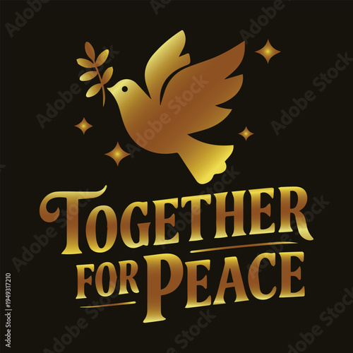 Peace dove gold. Together for peace. Unity symbol vector. Golden bird icon. Olive branch sign. Global harmony. Spiritual freedom. Luxury peace art. Solidarity graphic. Hope and unity.