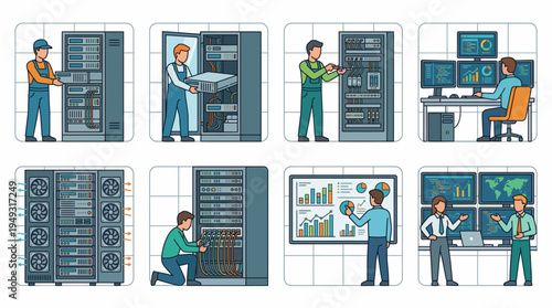Data Center Server Management Vector Illustration Set Featuring Rack Installation, Cable Connection, System Monitoring, Data Analysis, Teamwork, Hardware Maintenance, Global Analytics, IT Infrastruct