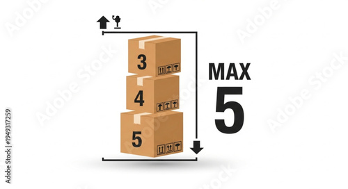 Stack of five cardboard boxes with maximum height indicator.