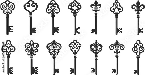 Set of ornate antique skeleton keys with decorative flourishes and intricate designs Keywords: antique key, skeleton key, vintage key, ornate key