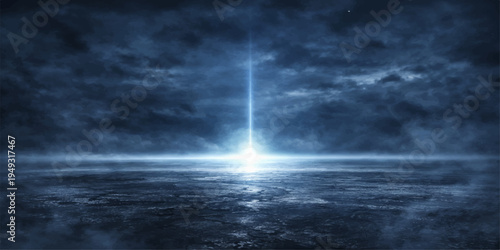 A mysterious beam of bright light emanating from a dark and foggy landscape under a cloudy sky