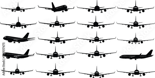 Airplane silhouettes collection set, commercial aircraft front view icons, aviation transport graphics, jetliner landing takeoff shapes isolated vector style illustration