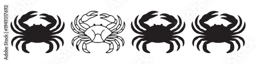 Four crab illustrations in black silhouette and outline forms on white background vector artwork