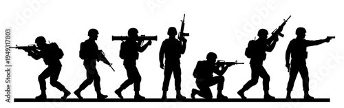 Soldier silhouette set with rifle and weapon in combat