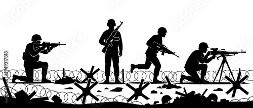 Soldier silhouette set with rifle and barbed wire fence