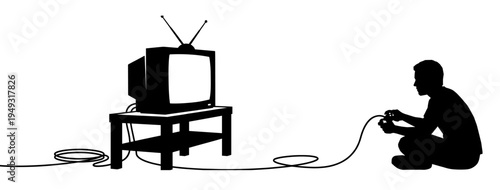 Man silhouette playing video game on retro tv