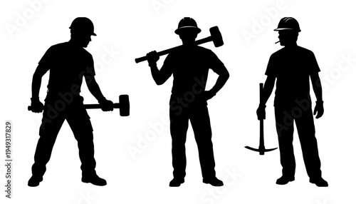 Construction worker silhouette set with sledgehammer and pickaxe