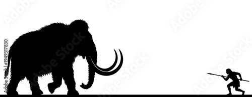 Primitive man silhouette hunting mammoth with spear