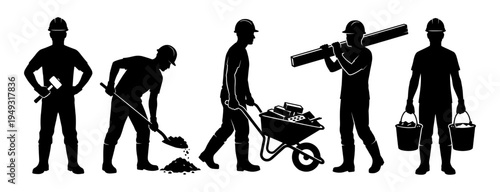 Construction worker silhouette set with wheelbarrow and shovel