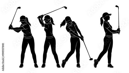 Woman golfer silhouette set with golf club and swing pose