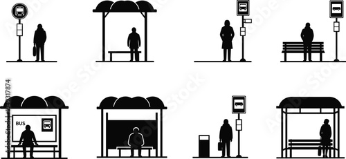Bus stop silhouettes collection, people waiting at public transport station shelter bench sign icons, urban city commute illustration