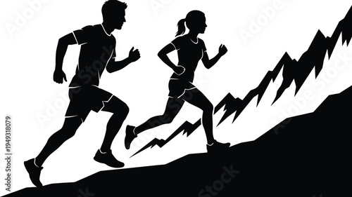 Male and female trail runners silhouette jogging on mountain path, outdoor fitness endurance training, adventure sport running in alpine landscape