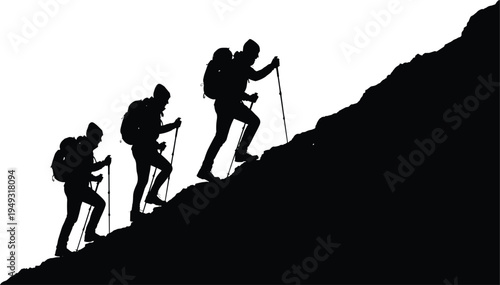 Hikers trekking uphill mountain silhouette, backpack adventurers climbing steep trail with poles, outdoor exploration endurance journey concept