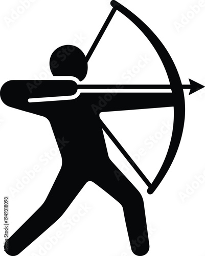 Archery athlete silhouette aiming bow and arrow, sport shooting icon symbolizing focus, precision and target practice in minimal black vector design