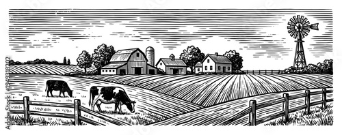 Farm landscape with cows and windmill in vintage engraving style