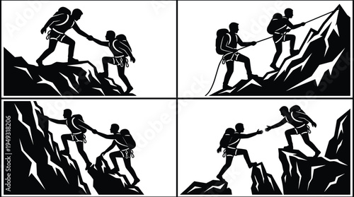 Mountain climbing teamwork silhouettes, mountaineers helping each other on steep alpine peaks, adventure trekking expedition concept, outdoor leadership and partnership vector illustrationMountain cli