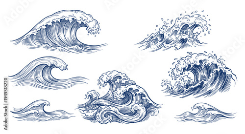 Sea waves collection in vintage engraving style