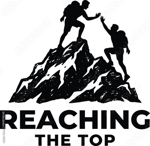 Reaching the top mountain climbing teamwork silhouettes, mountaineer helping partner summit success, alpine adventure motivation concept vector illustration