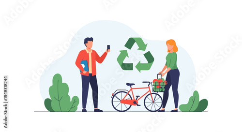 Eco-Friendly Urban Lifestyle: Couple with Bicycle, Groceries, and Recycling Symbol for Sustainable Living