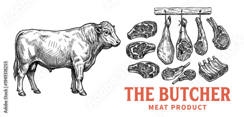 The Butcher shop banner with bull and meat in vintage engraving style
