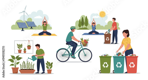Sustainable Living Practices: Eco-Friendly Habits, Recycling, Green Energy, Yoga, Gardening, and Cycling for Environmental Well-being Vector Illustration