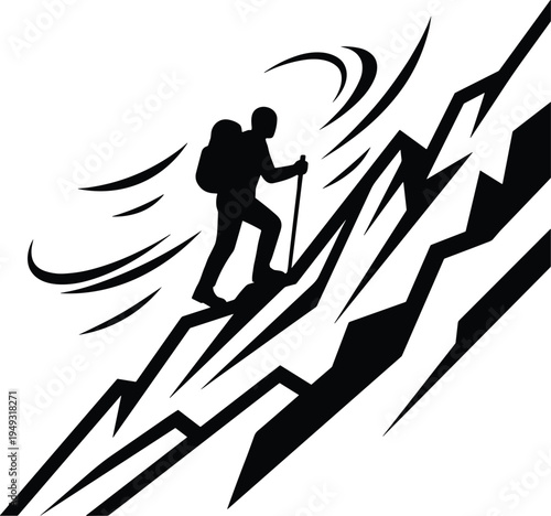 Hiker climbing steep abstract mountain peak, adventure trekking concept, backpack traveler overcoming challenge, determination and success in stylized alpine landscape