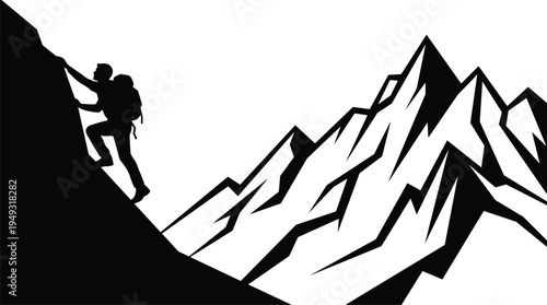 Hiker climbing steep mountain silhouette, adventure trekking concept with alpine peak landscape, backpack traveler overcoming challenge toward summit success