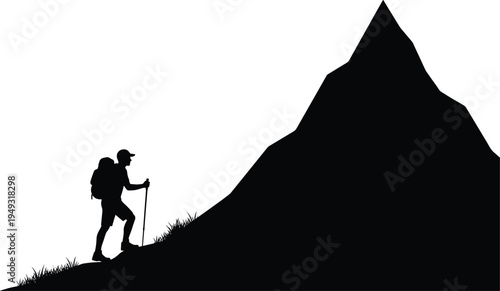 Hiker silhouette climbing mountain peak, adventure trekking journey, outdoor exploration concept, determination challenge success, backpacker reaching summit landscape illustration