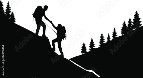 Hikers helping each other climb mountain trail, teamwork adventure concept, outdoor trekking partnership, support and leadership in wilderness exploration