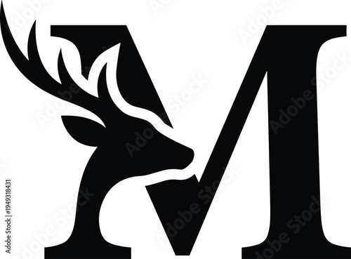 Deer head integrated with letter M logo design, modern wildlife monogram emblem with antlers silhouette for outdoor brand, hunting club or nature identity
