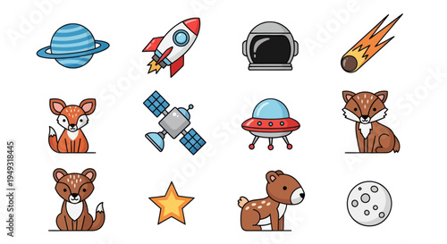 Space and animal icons set on white