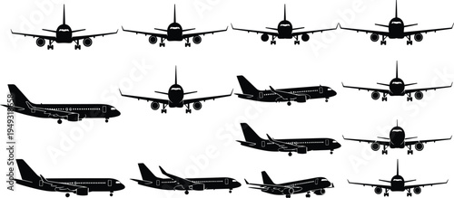 Airplane silhouette collection featuring passenger aircraft from multiple angles isolated for aviation, travel, airline transport and flight design