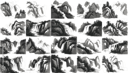 Title Large collection of traditional Chinese ink wash landscape sketches featuring majestic mountains, flowing waterfalls, and pine trees in a classic monochrome artistic style.