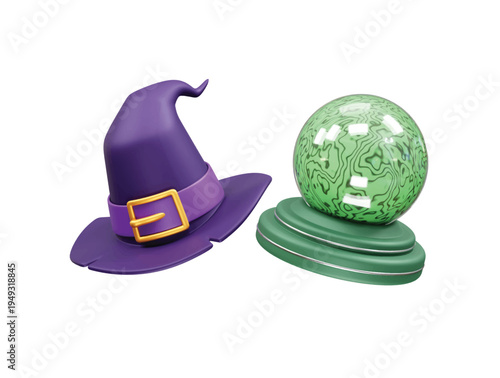 Mystical Witch Hat and Tech Crystal Ball 3D Render icon illustration