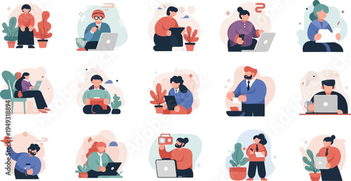 Diverse individuals engaged in various activities, some with devices and plants