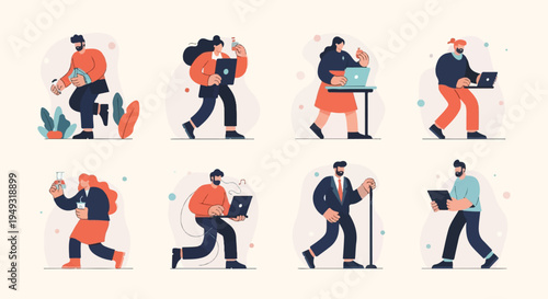 Diverse individuals engaged in various activities, some with devices