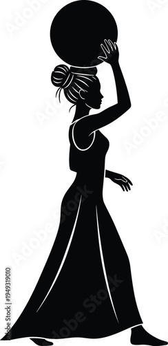 African woman carrying water pot on head silhouette representing traditional village life and cultural heritage illustration
