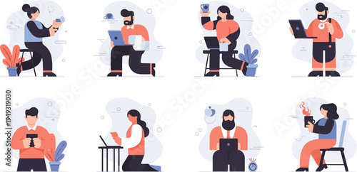 Diverse individuals engaged in various activities with portable devices and beverages