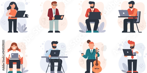 Diverse individuals engaged in various activities with laptops and personal interests