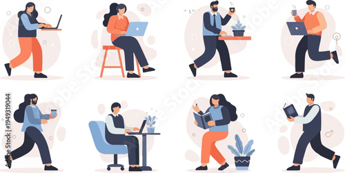 Diverse individuals engaged in various activities with technology and beverages