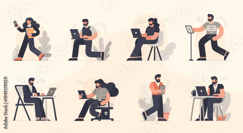 Diverse individuals engaged in various activities with technology and nature