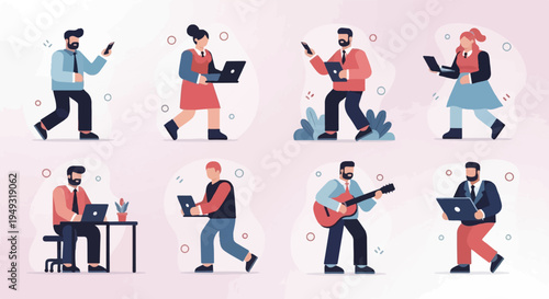 Diverse individuals engaged in various activities with technology and leisure