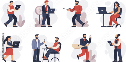 Diverse individuals engaged in various activities with technology and personal items