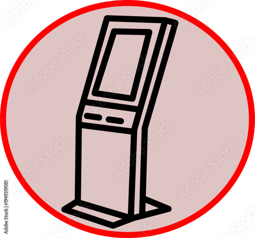 Interactive kiosk terminal icon with touchscreen display, representing self service technology, digital information station and modern user interface.