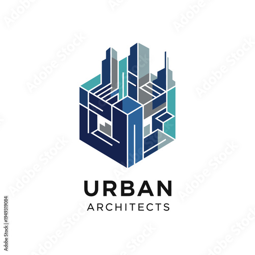 Urban Architects Abstract Isometric City Building Logo, Isolated White Background.