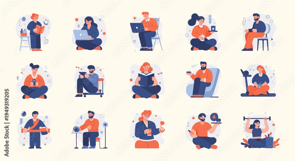 Fototapeta premium Diverse individuals engaged in various activities like reading, working, and leisure