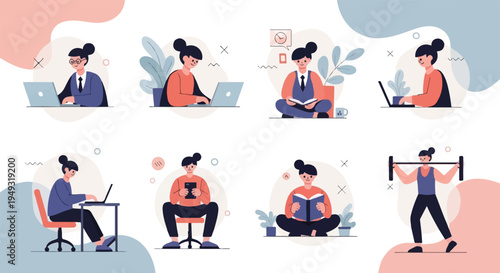 Diverse individuals engaged in various activities like working, reading, and exercising (3)